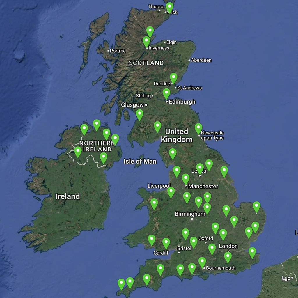 UK coverage map with green pins across England, Scotland, Wales and Northern Ireland